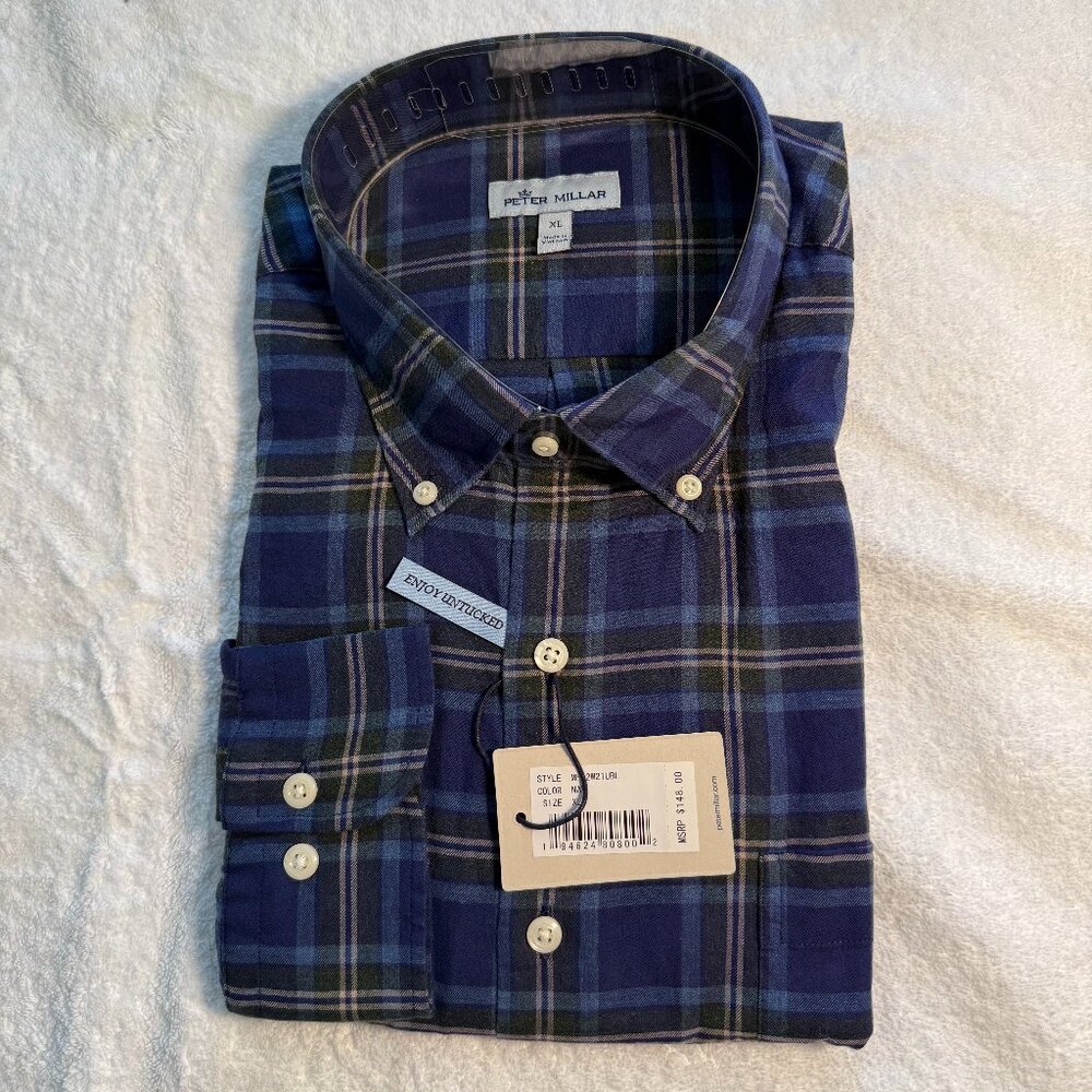 Peter Millar Blue and Green Button Down Plaid Flannel Shirt XL